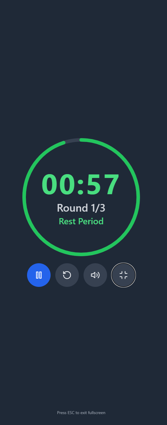 Mobile view showing rest period countdown in fullscreen mode
