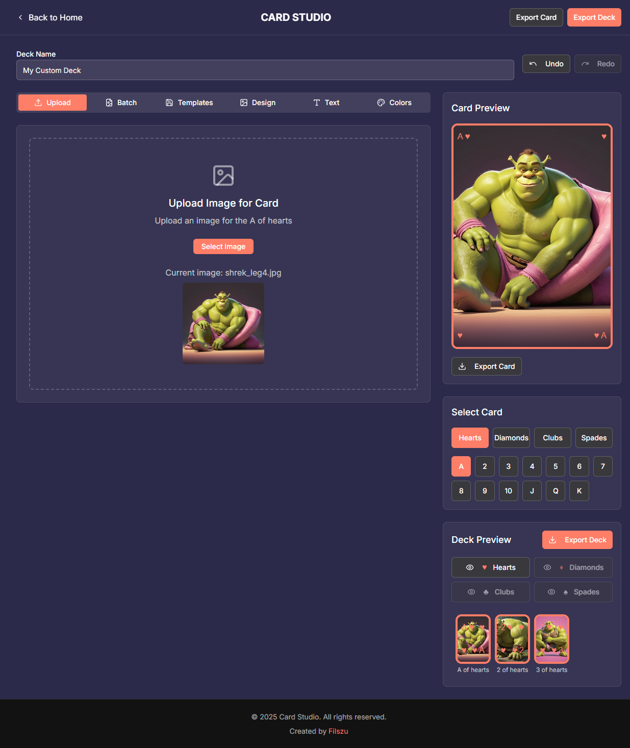Image upload interface with card preview and deck management
