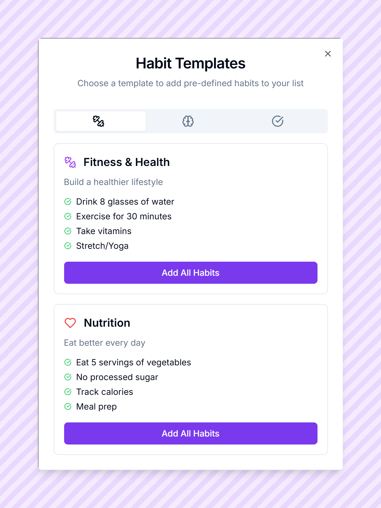 Pre-defined habit templates for different life areas