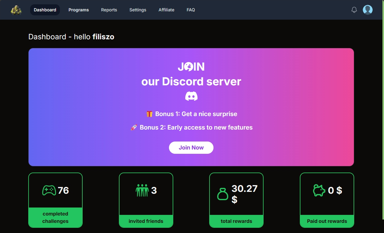 User dashboard showing completed challenges and rewards