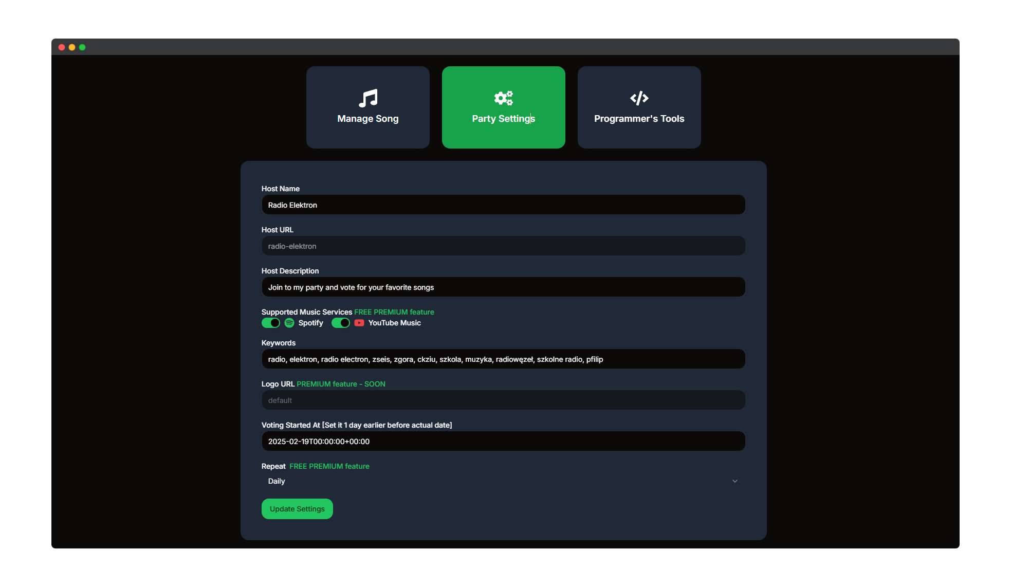 Admin Panel - Configure party settings and preferences