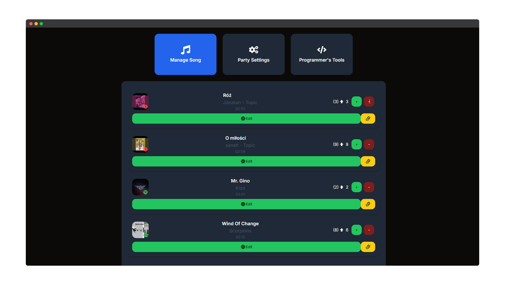Admin Panel - Manage songs with editing capabilities