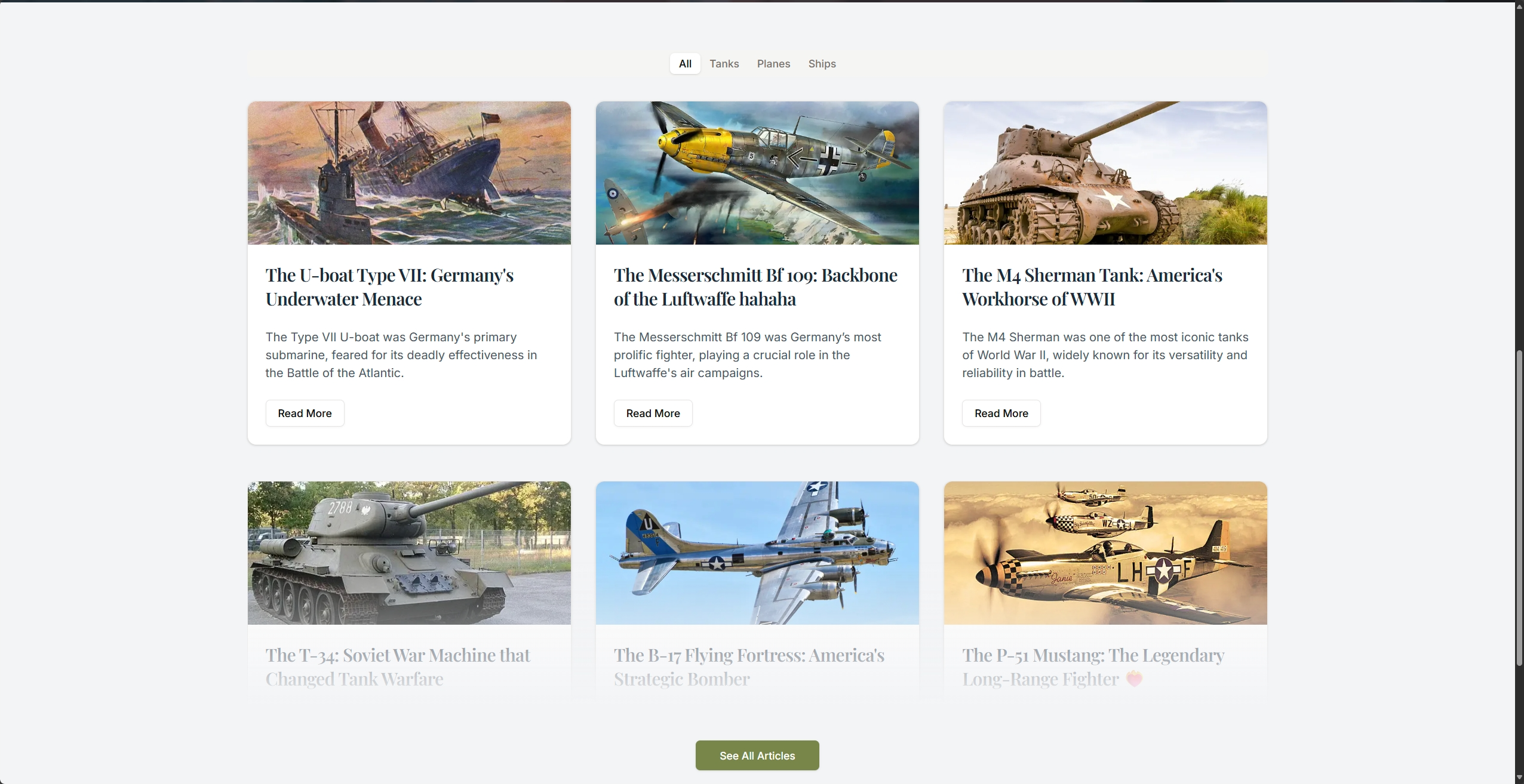 Articles page with filtering options for different machine types